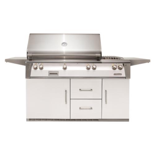 Alfresco Grills ALXE 56 Inch 3 Burner Freestanding Natural Gas Grill with Rear Infrared Burner and Side Burner on Refrigerated Cart   Signal White Gloss