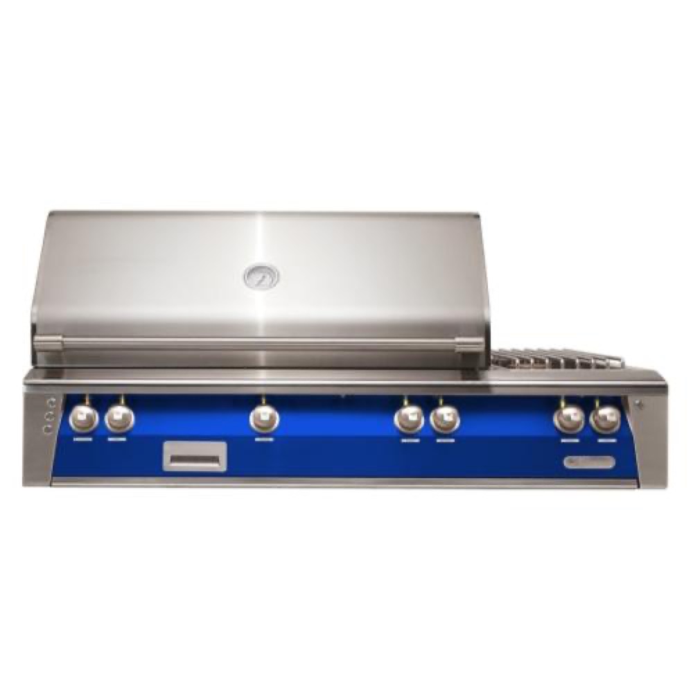Alfresco Grills ALXE 56 Inch 3 Burner Built In Propane Gas Grill with Sear Zone Rear Infrared Burner and Side Burner   Ultramarine Blue