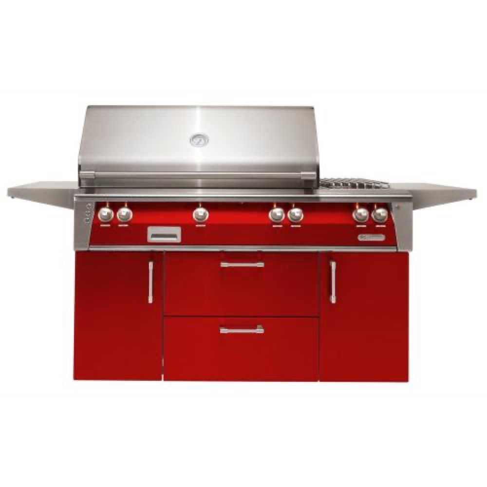 Alfresco Grills ALXE 56 Inch 3 Burner Freestanding Propane Gas Grill with Sear Zone Rear Infrared Burner and Side Burner   Carmine Red