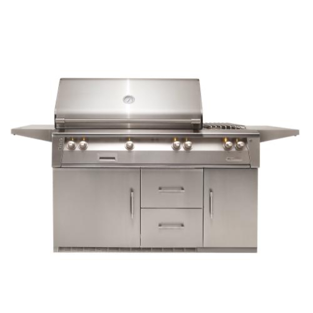 Alfresco Grills ALXE 56 Inch 3 Burner Freestanding Propane Gas Grill with Sear Zone Rear Infrared Burner and Side Burner on Refrigerated Cart   Stainless Steel