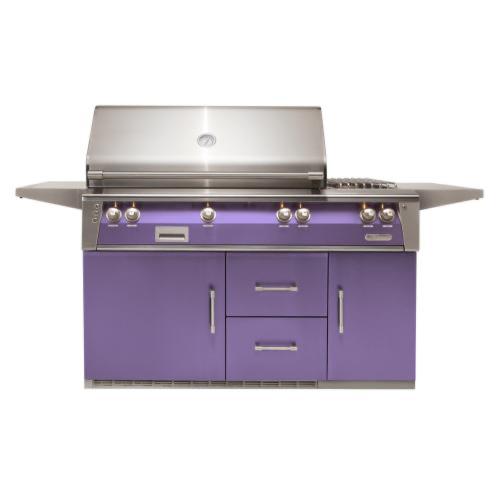 Alfresco Grills ALXE 56 Inch 3 Burner Freestanding Propane Gas Grill with Sear Zone Rear Infrared Burner and Side Burner on Refrigerated Cart    Blue Lilac