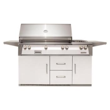 Alfresco Grills ALXE 56 Inch 3 Burner Freestanding Natural Gas Grill with Sear Zone Rear Infrared Burner and Side Burner on Refrigerated Cart Signal White Gloss ALXE 56SZR NG S9003350