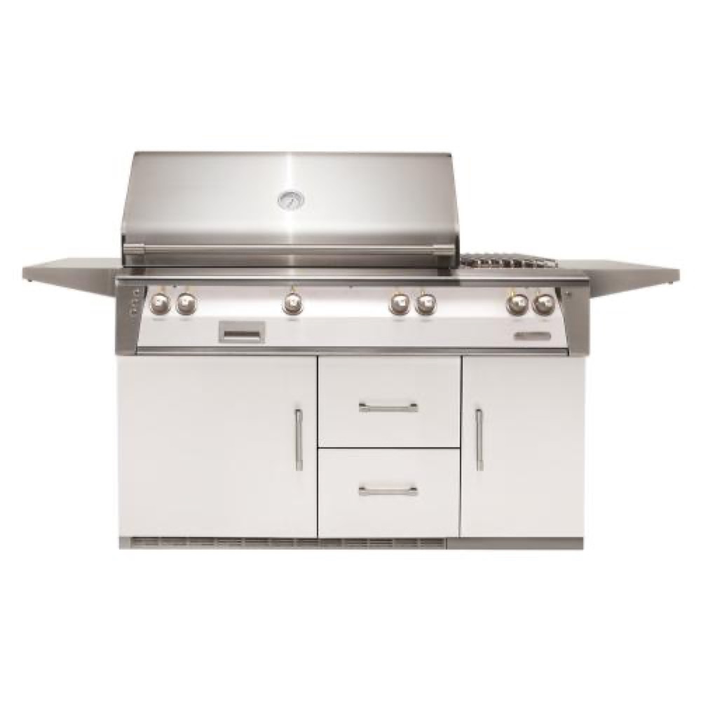 Alfresco Grills ALXE 56 Inch 3 Burner Freestanding Natural Gas Grill with Sear Zone Rear Infrared Burner and Side Burner on Refrigerated Cart    Signal White Gloss