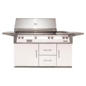 Alfresco Grills ALXE 56 Inch 3 Burner Freestanding Natural Gas Grill with Sear Zone Rear Infrared Burner and Side Burner on Refrigerated Cart Signal White Matte ALXE 56SZR NG SM9003350