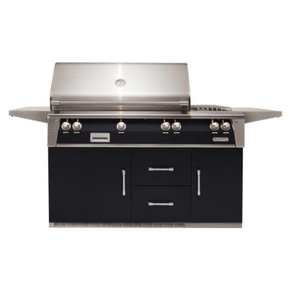 Alfresco Grills ALXE 56 Inch 3 Burner Freestanding Natural Gas Grill with Sear Zone Rear Infrared Burner and Side Burner on Refrigerated Cart    Jet Black Gloss