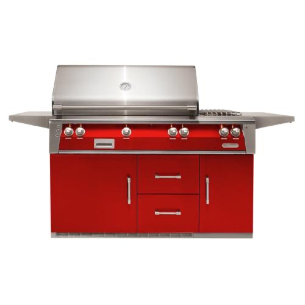 Alfresco Grills ALXE 56 Inch 3 Burner Freestanding Natural Gas Grill with Sear Zone Rear Infrared Burner and Side Burner on Refrigerated Cart    Carmine Red