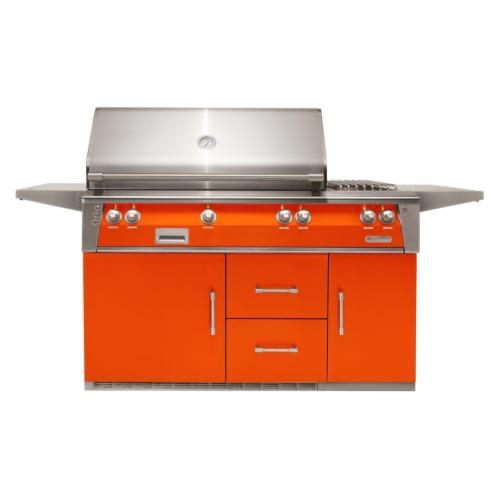 Alfresco Grills ALXE 56 Inch 3 Burner Freestanding Natural Gas Grill with Sear Zone Rear Infrared Burner and Side Burner on Refrigerated Cart    Luminous Orange