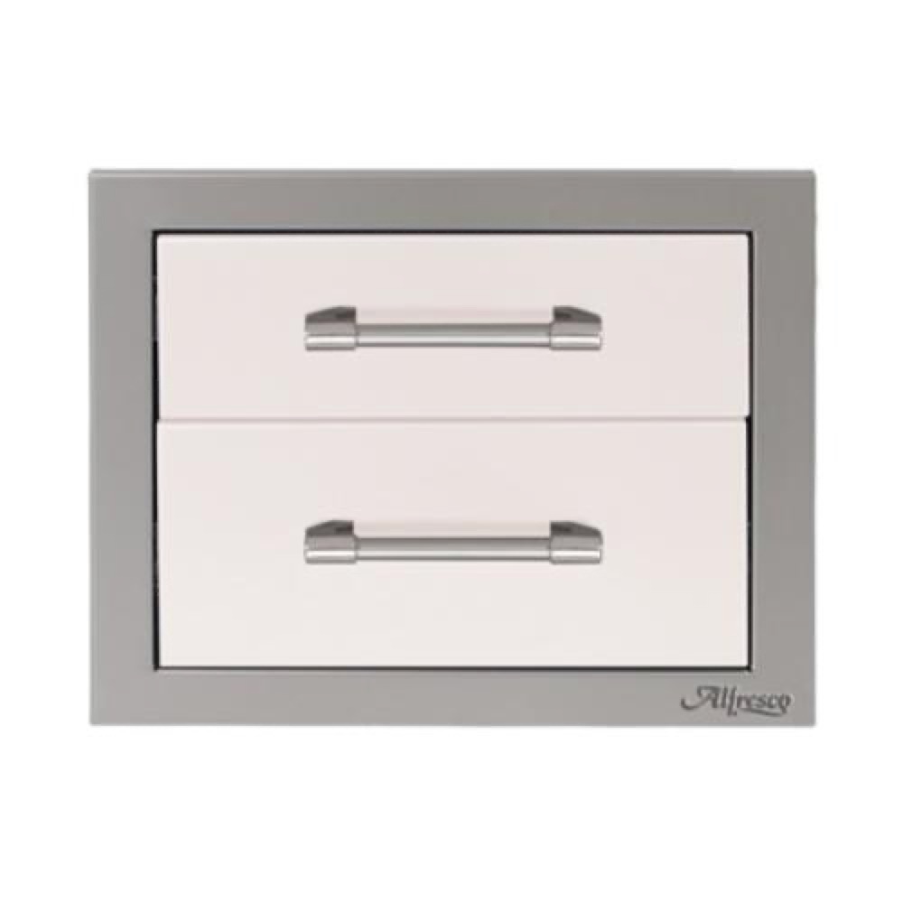 Alfresco Grills 17 Inch Stainless Steel Double Access Drawer with Soft Close Hardware   Signal White Gloss