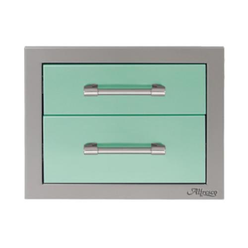 Alfresco Grills 17 Inch Stainless Steel Double Access Drawer with Soft Close Hardware   Light Green