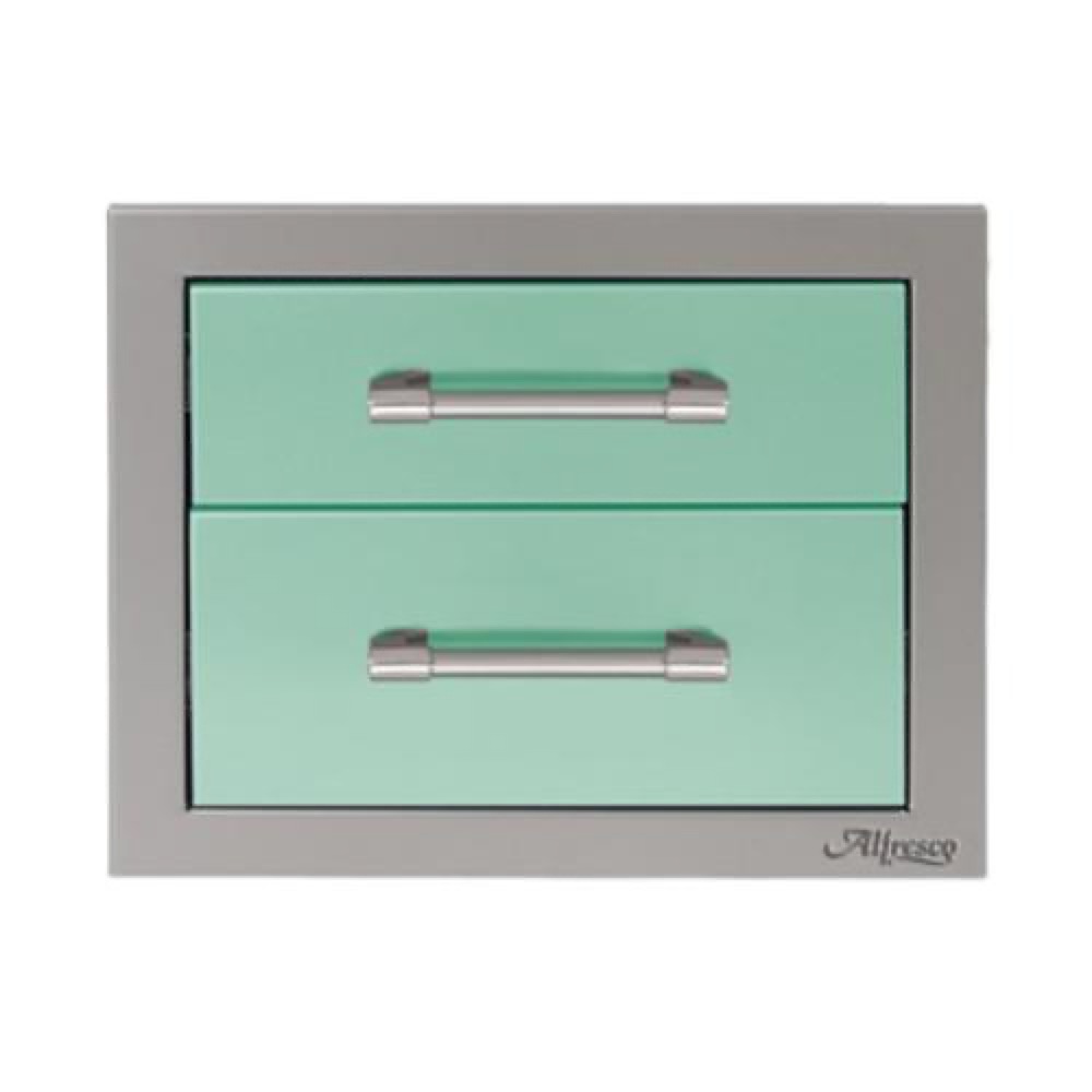Alfresco Grills 17 Inch Stainless Steel Double Access Drawer with Soft Close Hardware   Light Green