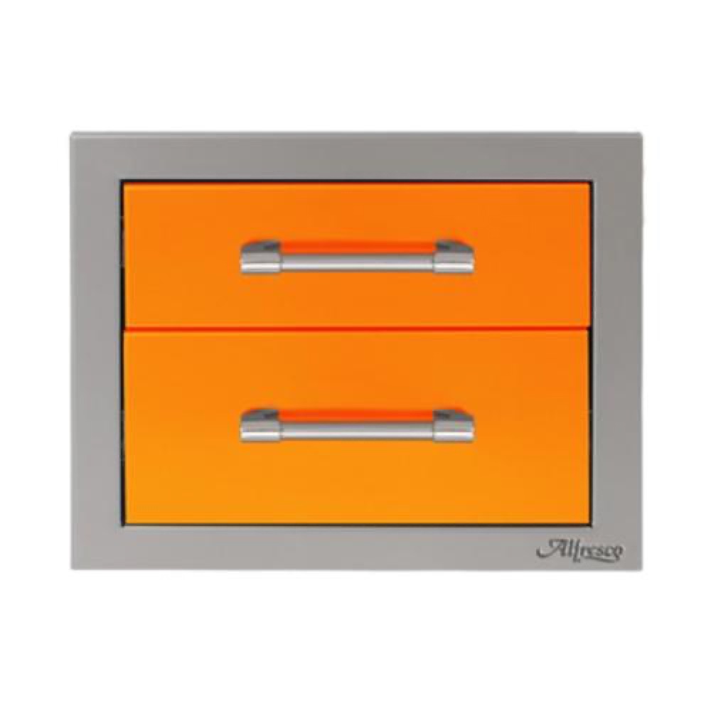 Alfresco Grills 17 Inch Stainless Steel Double Access Drawer with Soft Close Hardware   Luminous Orange
