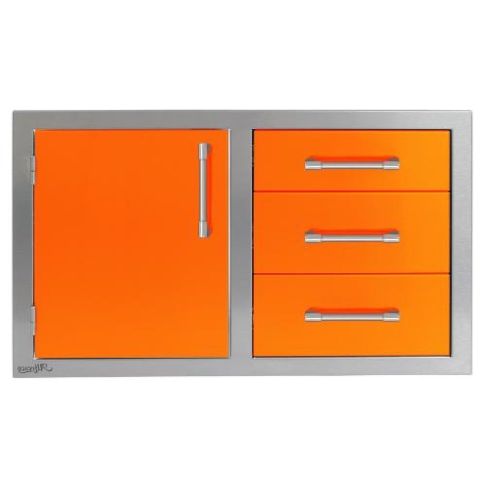 Alfresco Grills 42 Inch Stainless Steel Left Hinged Access Door  and  Triple Drawer Combo with Soft Close Hardware   Luminous Orange