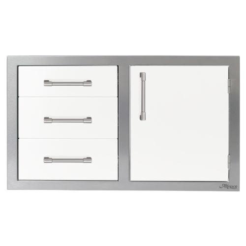 Alfresco Grills 42 Inch Stainless Steel Right Hinged Access Door  and  Triple Drawer Combo with Soft Close Hardware   Signal White Gloss