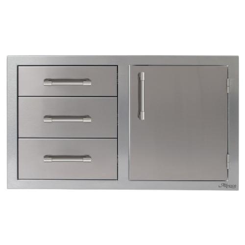 Alfresco Grills 42 Inch Stainless Steel Right Hinged Access Door  and  Triple Drawer Combo with Soft Close Hardware   Luminous Orange