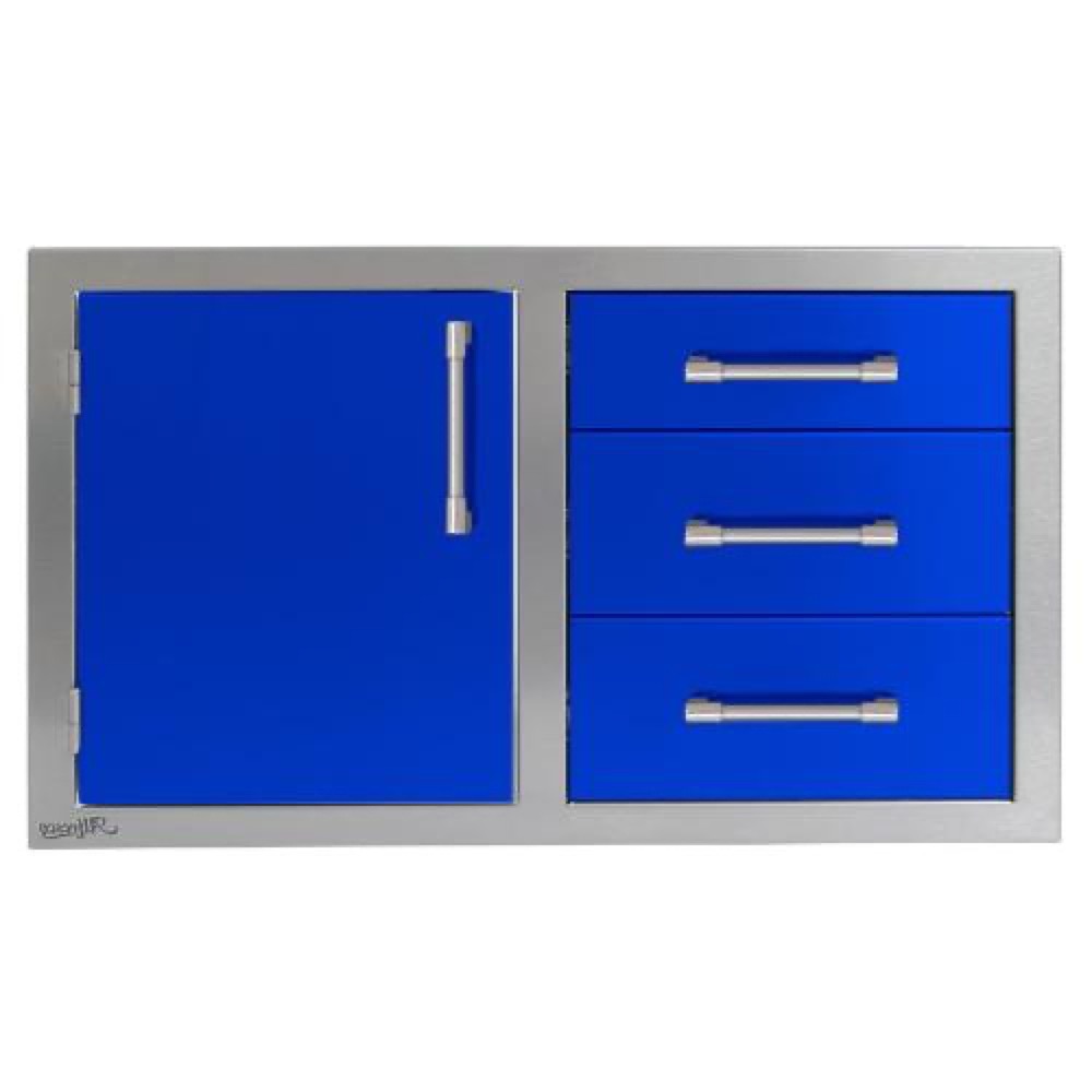 Alfresco Grills 32 Inch Stainless Steel Left Hinged Access Door  and  Triple Drawer Combo with Soft Close Hardware   Ultramarine Blue