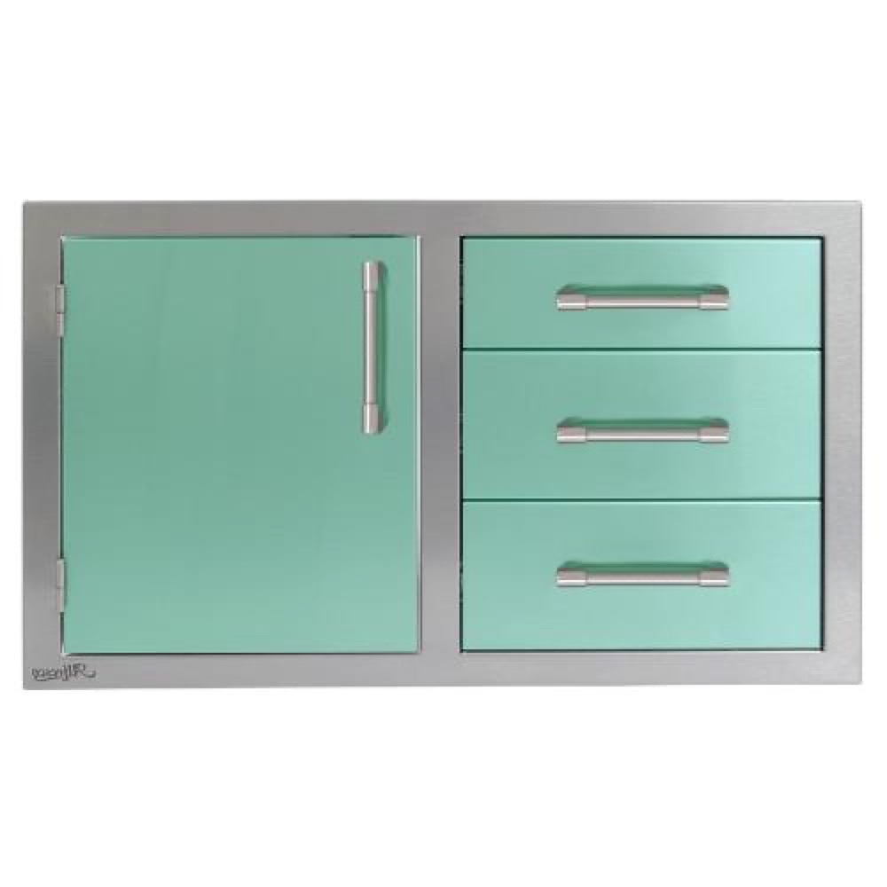 Alfresco Grills 32 Inch Stainless Steel Left Hinged Access Door  and  Triple Drawer Combo with Soft Close Hardware   Light Green