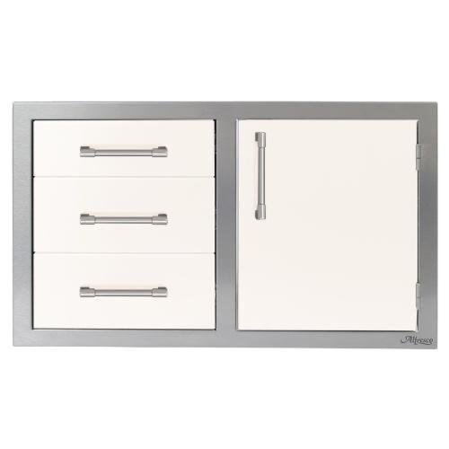 Alfresco Grills 32 Inch Stainless Steel Right Hinged Access Door  and  Triple Drawer Combo with Soft Close Hardware   Signal White Gloss