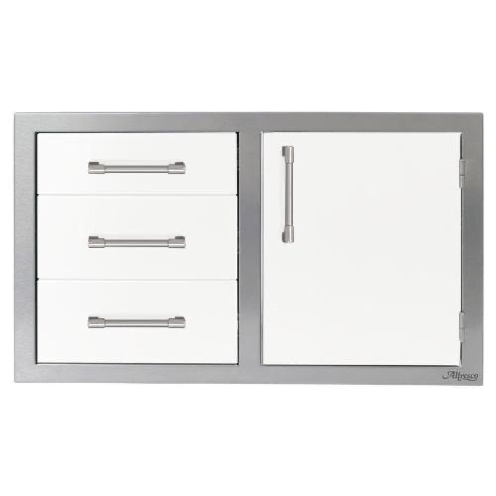 Alfresco Grills 32 Inch Stainless Steel Right Hinged Access Door  and  Triple Drawer Combo with Soft Close Hardware   Signal White Matte