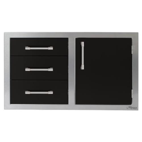 Alfresco Grills 32 Inch Stainless Steel Right Hinged Access Door  and  Triple Drawer Combo with Soft Close Hardware   Jet Black Gloss