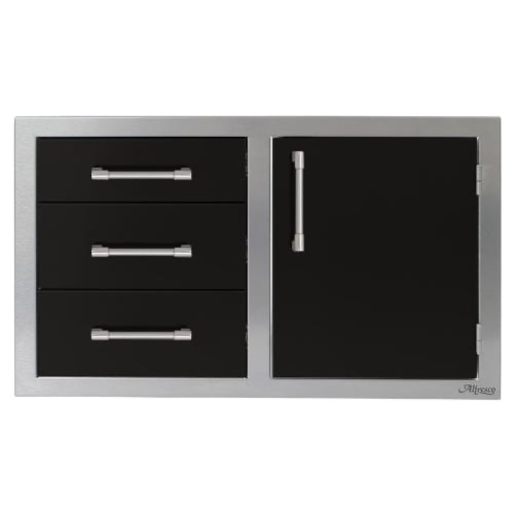 Alfresco Grills 32 Inch Stainless Steel Right Hinged Access Door  and  Triple Drawer Combo with Soft Close Hardware   Jet Black Gloss