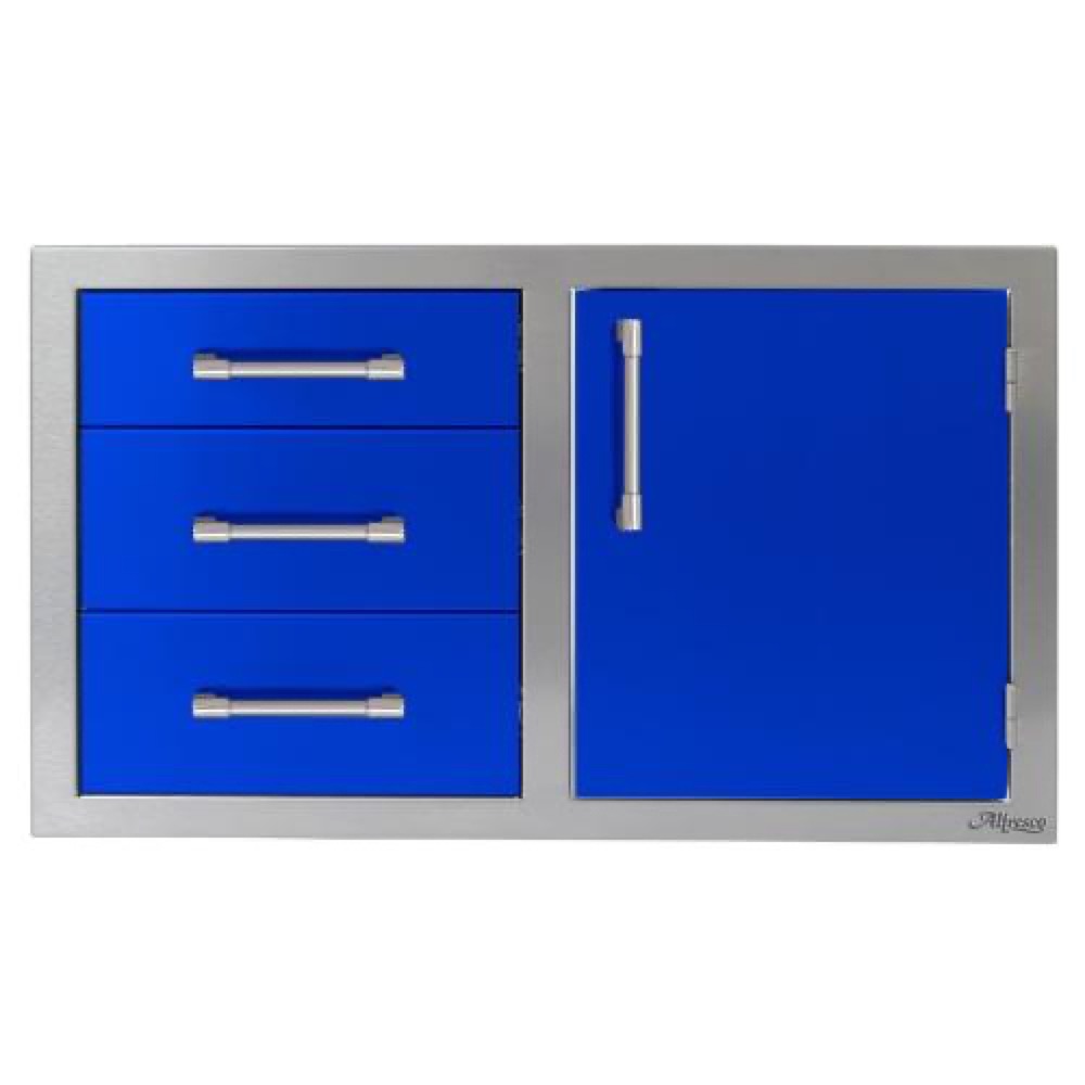 Alfresco Grills 32 Inch Stainless Steel Right Hinged Access Door  and  Triple Drawer Combo with Soft Close Hardware   Ultramarine Blue