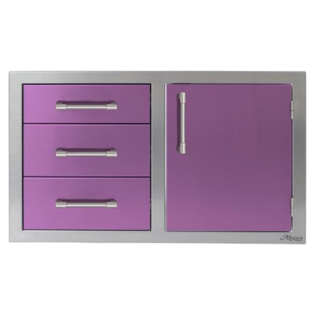 Alfresco Grills 32 Inch Stainless Steel Right Hinged Access Door  and  Triple Drawer Combo with Soft Close Hardware   Blue Lilac