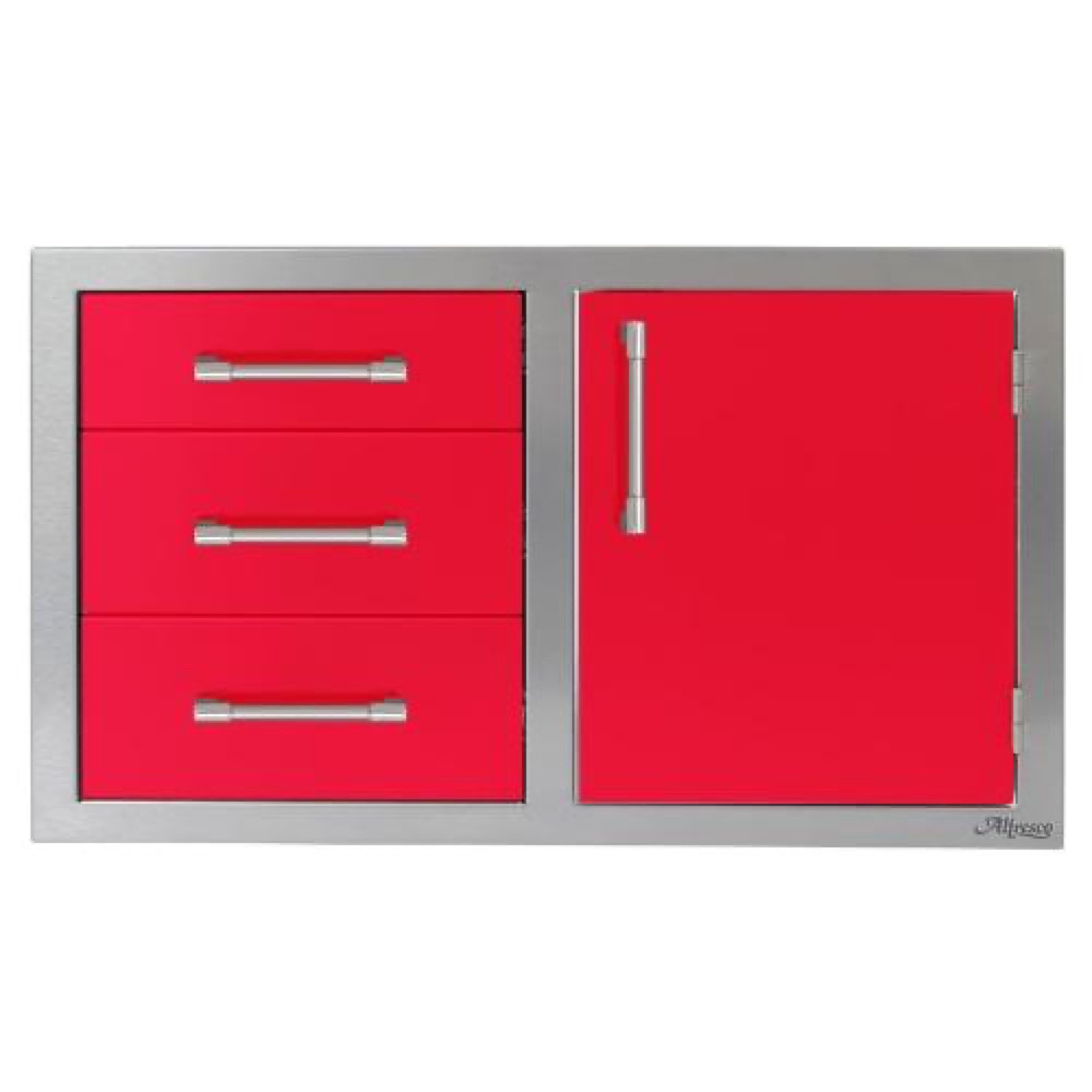 Alfresco Grills 32 Inch Stainless Steel Right Hinged Access Door  and  Triple Drawer Combo with Soft Close Hardware   Raspberry Red