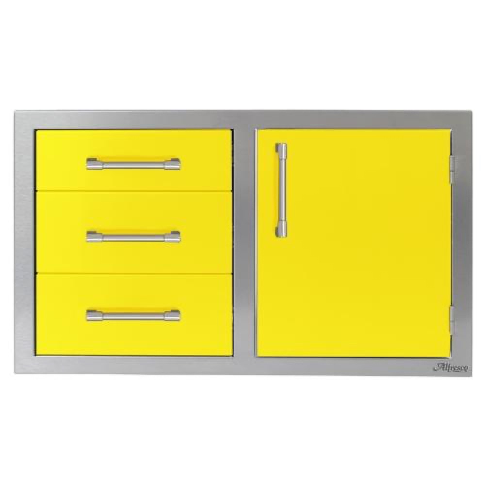 Alfresco Grills 32 Inch Stainless Steel Right Hinged Access Door  and  Triple Drawer Combo with Soft Close Hardware   Traffic Yellow