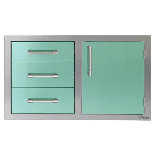 Alfresco Grills 32 Inch Stainless Steel Right Hinged Access Door  and  Triple Drawer Combo with Soft Close Hardware   Light Green