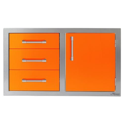 Alfresco Grills 32 Inch Stainless Steel Right Hinged Access Door  and  Triple Drawer Combo with Soft Close Hardware   Luminous Orange
