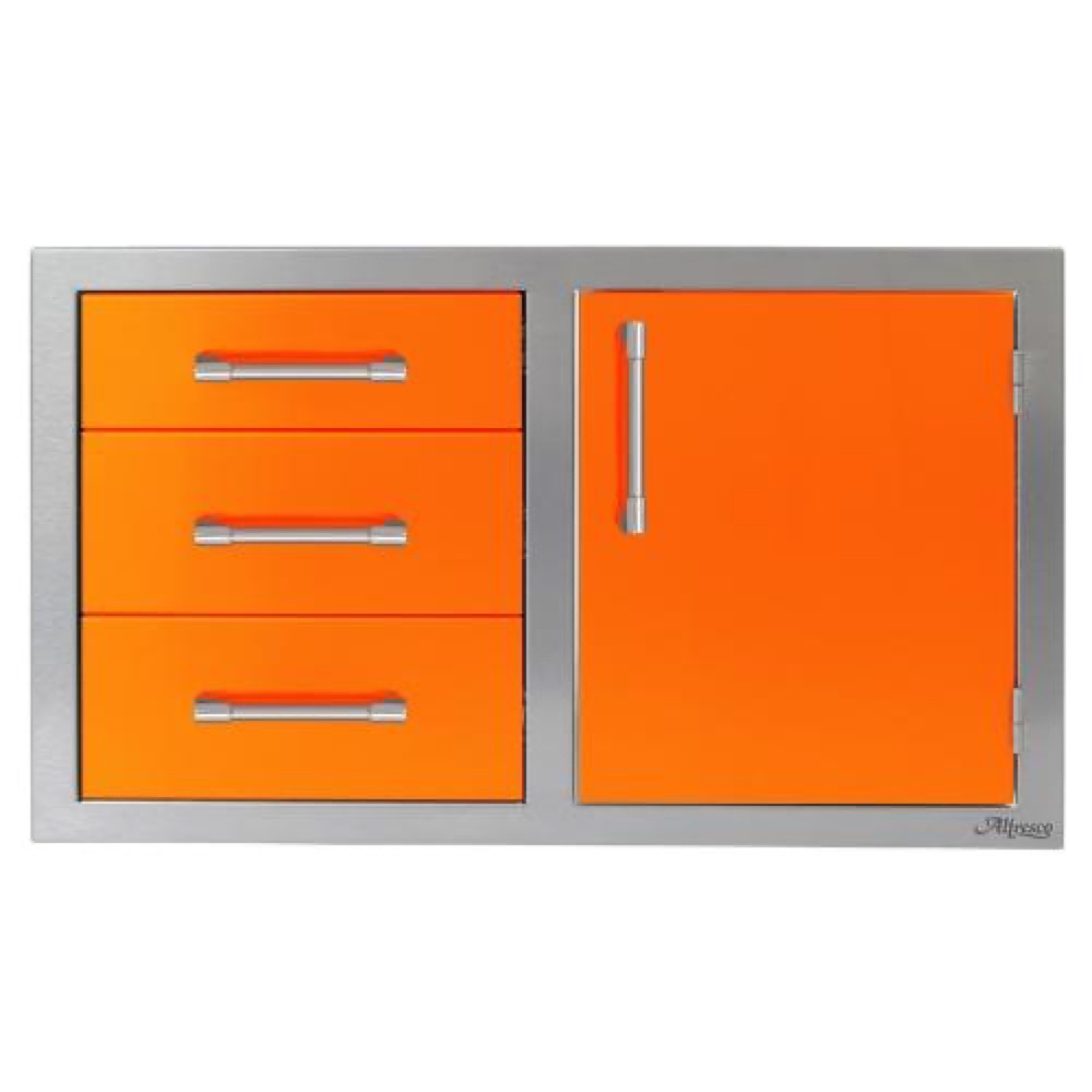 Alfresco Grills 32 Inch Stainless Steel Right Hinged Access Door  and  Triple Drawer Combo with Soft Close Hardware   Luminous Orange
