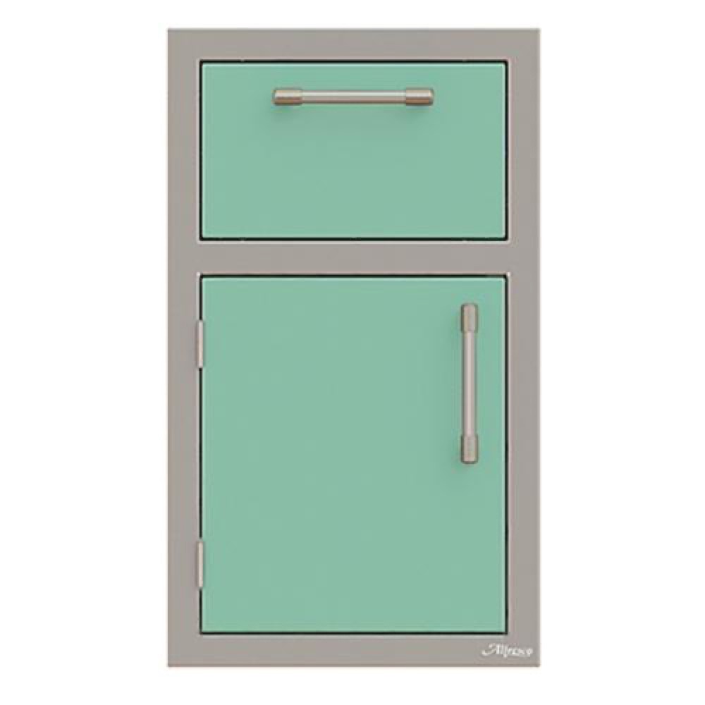 Alfresco Grills 17 Inch Stainless Steel Left Hinged Single Door  and  Single Drawer Combo with Soft Close Hardware   Light Green