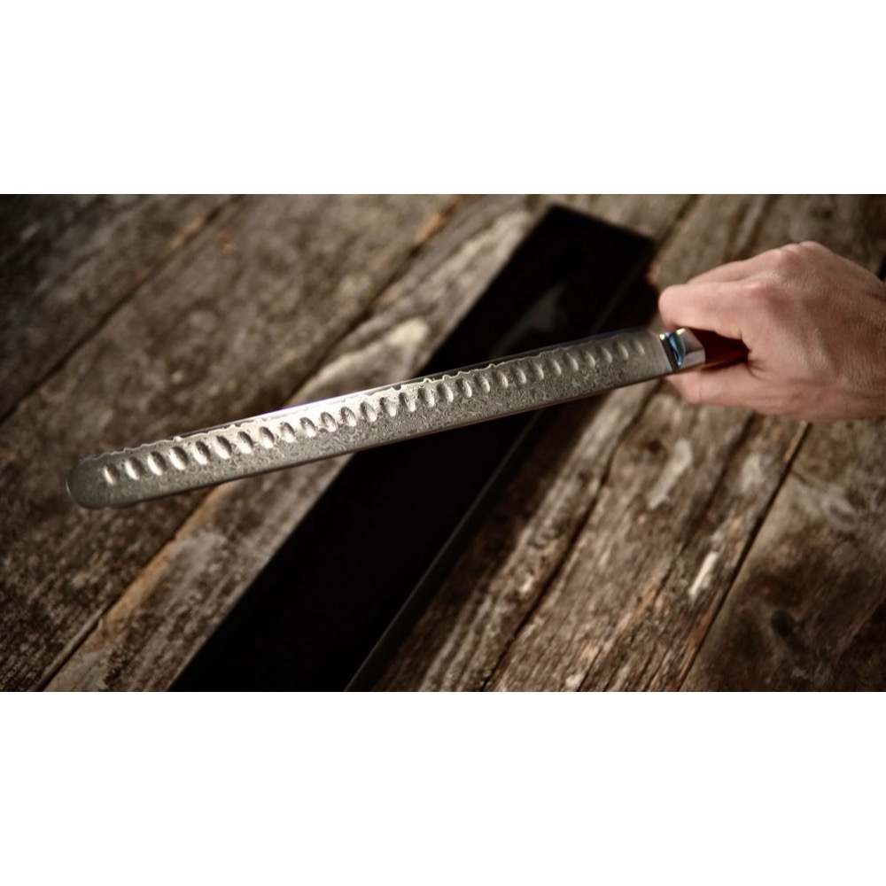 Drip EZ Premium Damascus Steel 12 Inch Brisket Carving Knife with Rosewood Handle