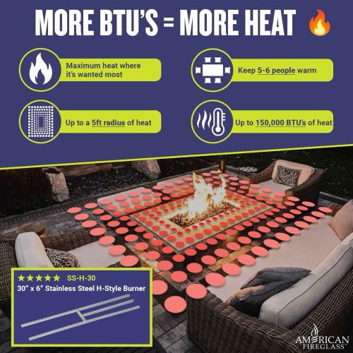 American Fire Glass 30 Inch Natural Gas Stainless Steel H Style Burner