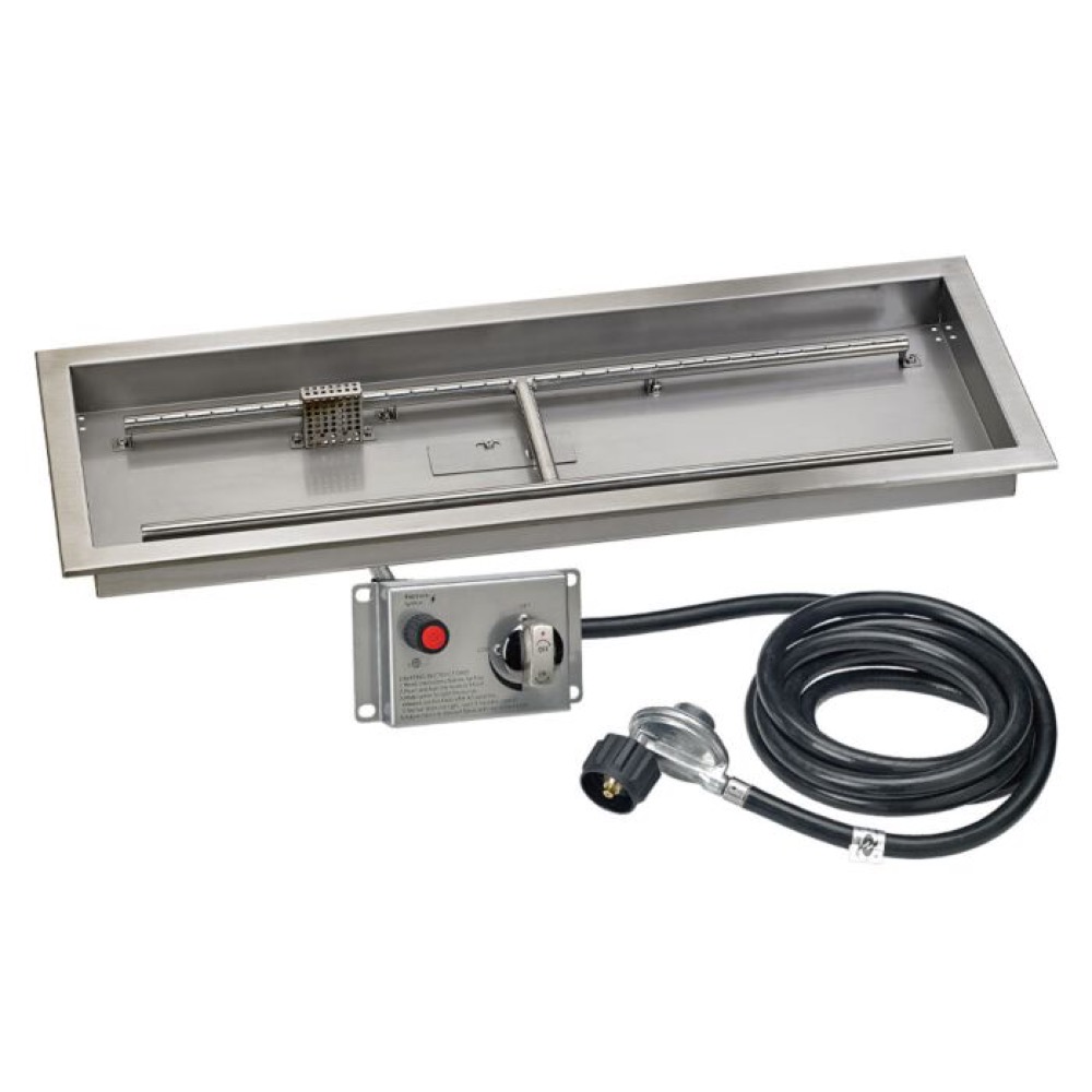 American Fire Glass 36 Inch Rectangular Propane Gas Drop In Fire Pit Pan with Adjustable Flame Electric Ignition System Kit
