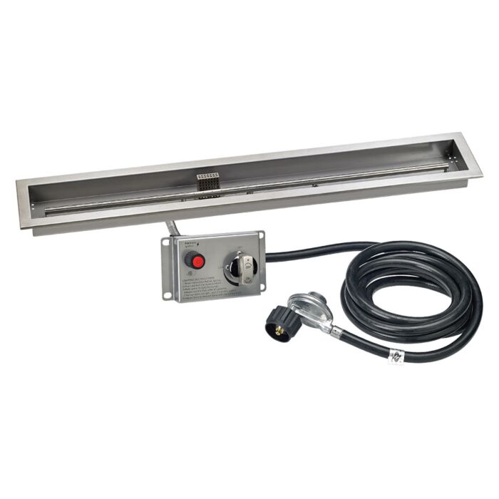 American Fire Glass 48 Inch Stainless Steel Linear Propane Gas Drop In Fire Pit Pan with Adjustable Flame Electric Ignition System Kit