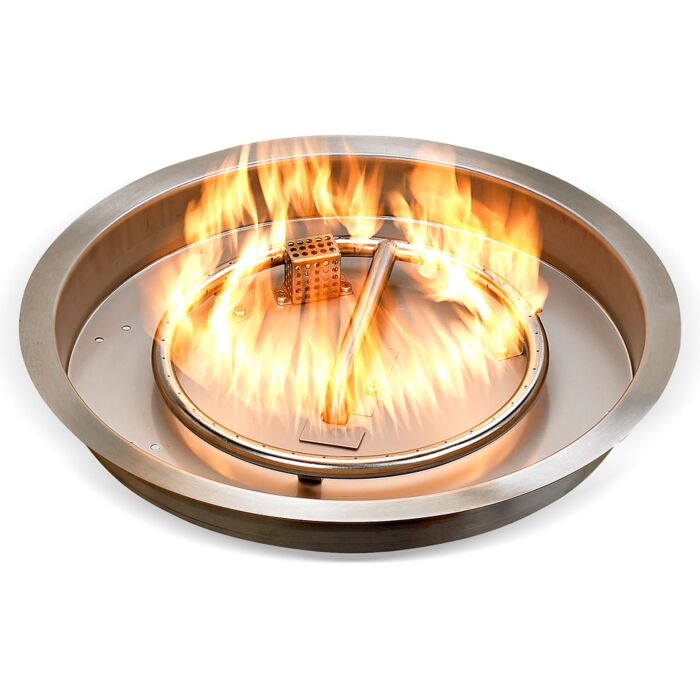American Fire Glass 19 Inch Round Stainless Steel Propane Gas Drop in Fire Pit Pan with 12 Inch Fire Ring and Adjustable Flame Electric Ignition System Kit