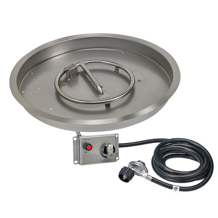 American Fire Glass 25 Inch Round Stainless Steel Propane Gas Drop in Fire Pit Pan with 18 Inch Fire Ring and Adjustable Flame Electric Ignition System Kit