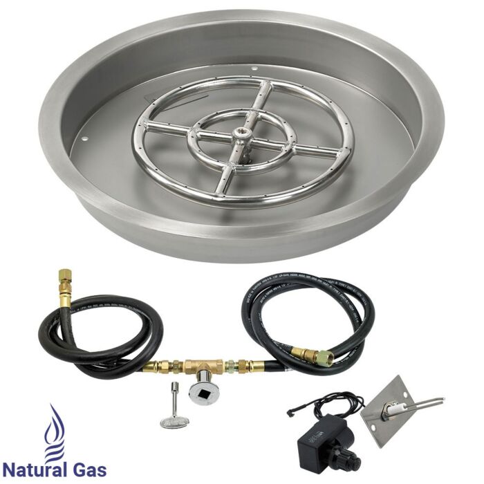 American Fire Glass 19 Inch Round Natural Gas Drop In Fire Pit Pan with Spark Ignition Kit 12 Inch Fire Pit Ring