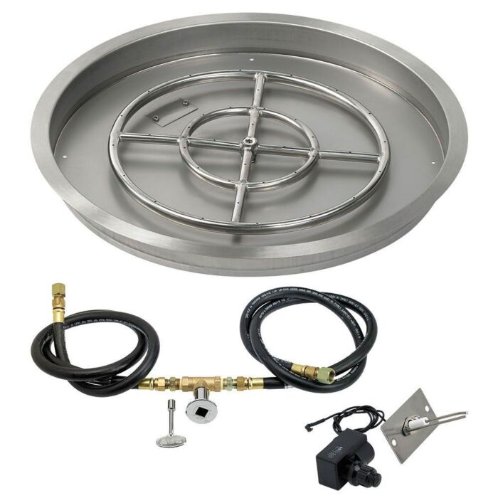 American Fire Glass 25 Inch Round Natural Gas Drop In Fire Pit Pan with Spark Ignition Kit 18 Inch Fire Pit Ring