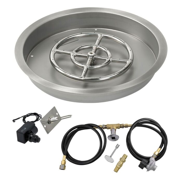 American Fire Glass 19 Inch Round Propane Gas Drop In Fire Pit Pan with Spark Ignition Kit 12 Inch Fire Pit Ring