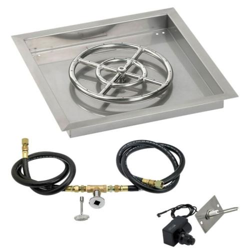 American Fire Glass 18 Inch Square Natural Gas Drop In Fire Pit Pan with Spark Ignition Kit 12 Inch Fire Pit Ring
