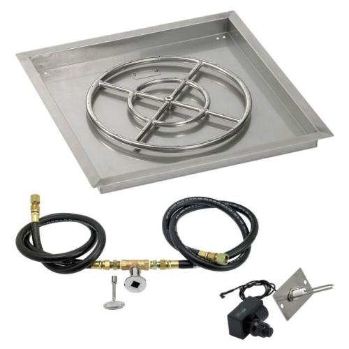 American Fire Glass 24 Inch Square Natural Gas Drop In Fire Pit Pan with Spark Ignition Kit 18 Inch Fire Pit Ring