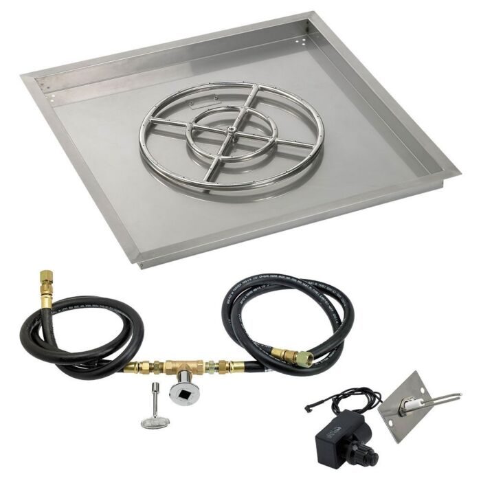 American Fire Glass 30 Inch Square Natural Gas Drop In Fire Pit Pan with Spark Ignition Kit 18 Inch Fire Pit Ring