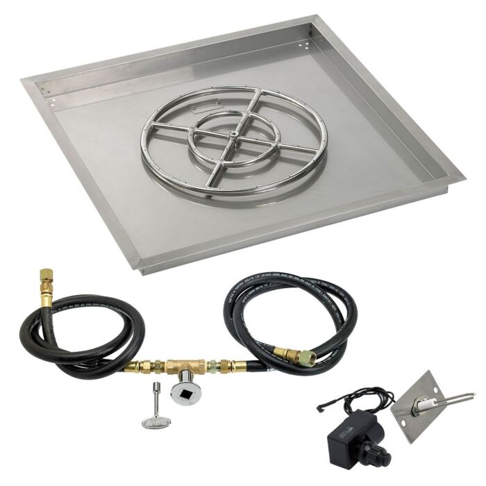 American Fire Glass 36 Inch Square Natural Gas Drop In Fire Pit Pan with Spark Ignition Kit 18 Inch Fire Pit Ring