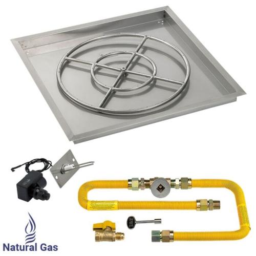 American Fire Glass 36 Inch Square Natural Gas Drop In Fire Pit Pan with Spark Ignition Kit 24 Inch Fire Pit Ring
