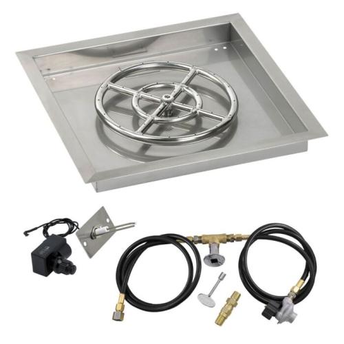 American Fire Glass 18 Inch Square Propane Gas Drop In Fire Pit Pan with Spark Ignition Kit 12 Inch Fire Pit Ring