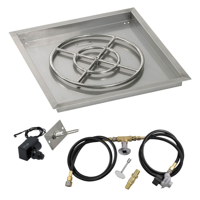 American Fire Glass 24 Inch Square Propane Gas Drop In Fire Pit Pan with Spark Ignition Kit 18 Inch Fire Pit Ring