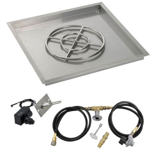 American Fire Glass 30 Inch Square Propane Gas Drop In Fire Pit Pan with Spark Ignition Kit 18 Inch Fire Pit Ring