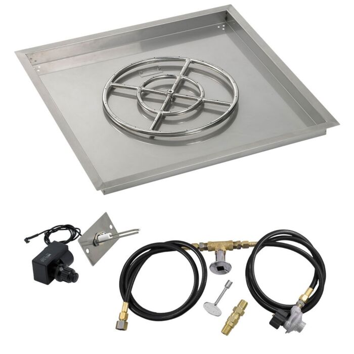American Fire Glass 30 Inch Square Propane Gas Drop In Fire Pit Pan with Spark Ignition Kit 18 Inch Fire Pit Ring